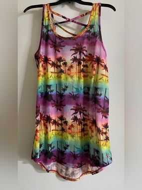 OP tank top beach cover-up with bright colors and palm trees